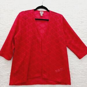 Sweater Cardigan Open Red Mesh Resort Office Siren Bold 3/4 Sleeve Chic Size M